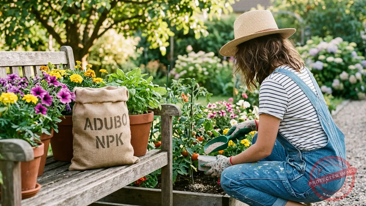 Aplicação de adubo NPK em plantas e flores de jardim.