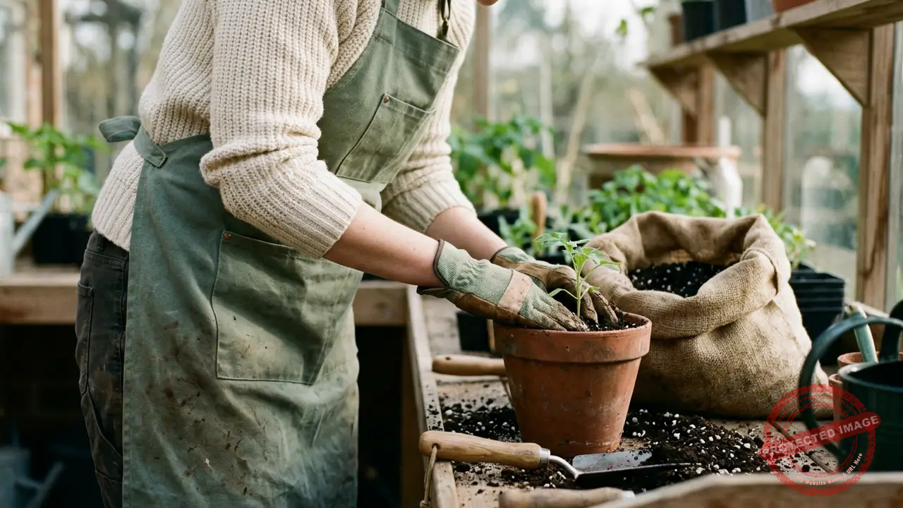 Pessoa colocando substrato em vaso para cultivo de plantas na jardinagem.