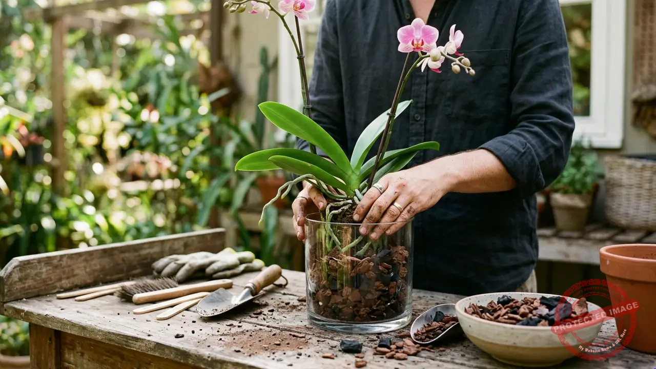 Substrato para orquídeas sendo utilizado no replante de uma planta saudável.