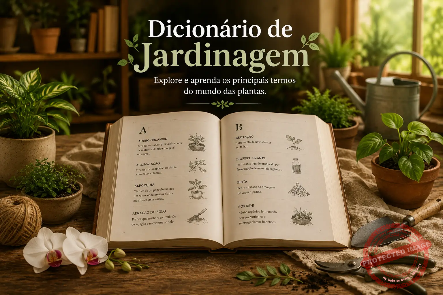 Livro aberto de dicionário de jardinagem cercado por plantas e ferramentas sobre mesa de madeira.