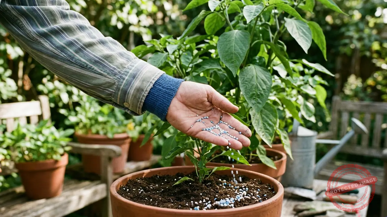 Pessoa aplicando adubo químico em plantas durante cuidados de jardinagem.
