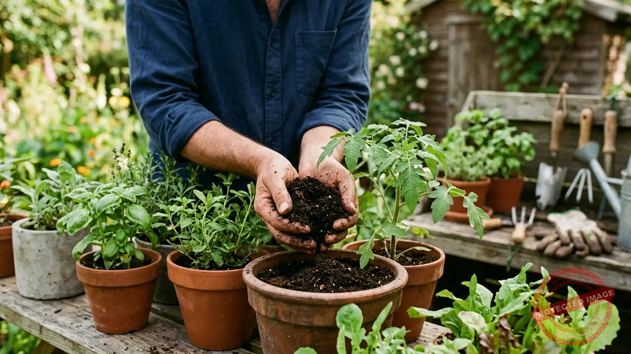 Pessoa aplicando adubo orgânico em plantas de jardim durante cuidados com a jardinagem.