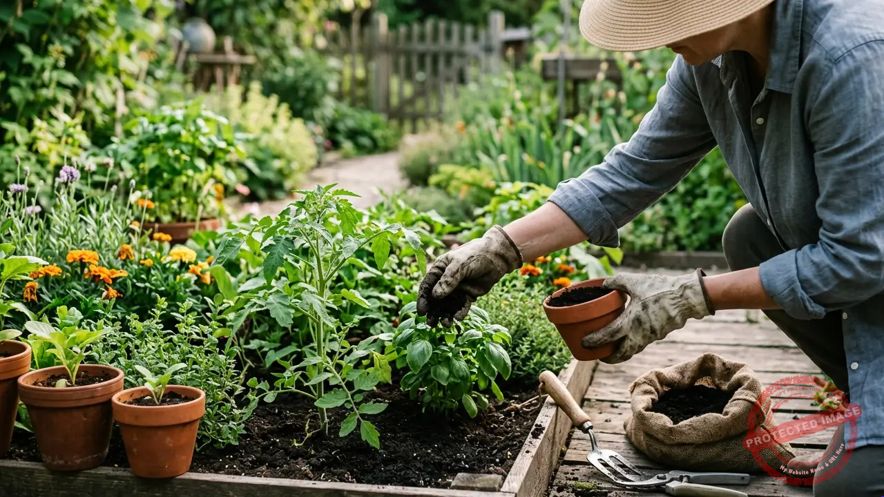 Pessoa realizando adubação em plantas de jardim com adubo orgânico e ferramentas de jardinagem.