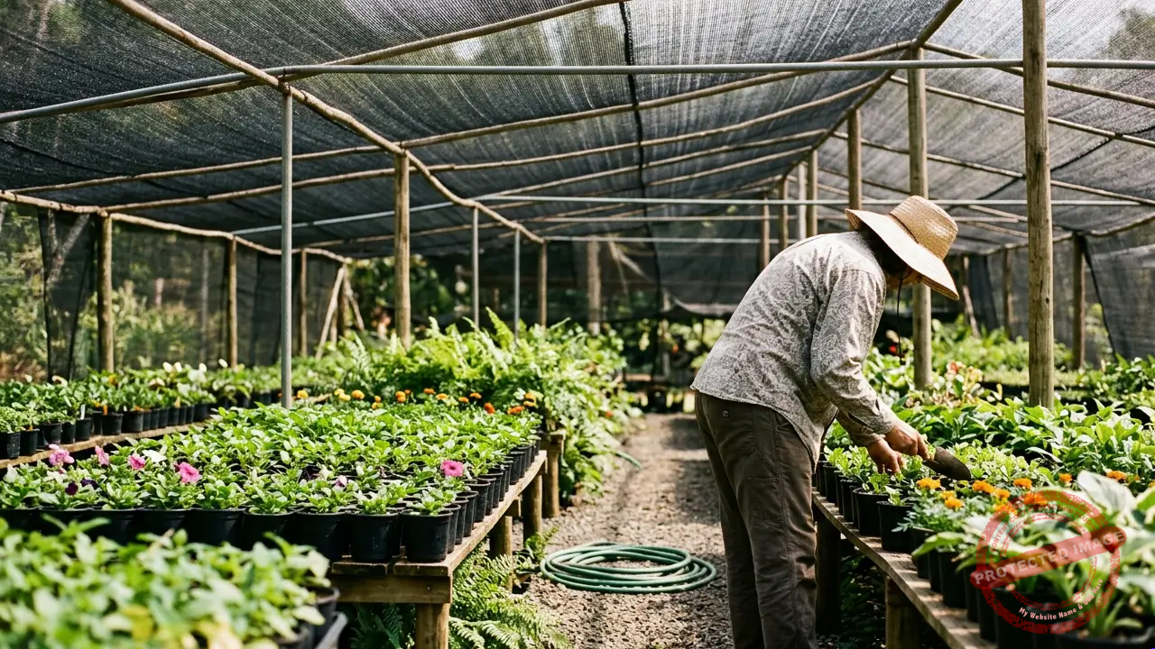 Tela de sombreamento instalada sobre plantas para reduzir a intensidade da luz solar.