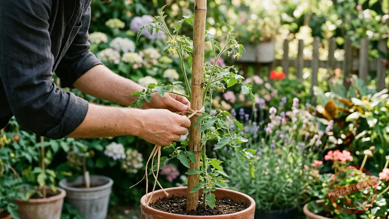 Tiras de ráfia utilizadas para fixar uma planta a um tutor na jardinagem.