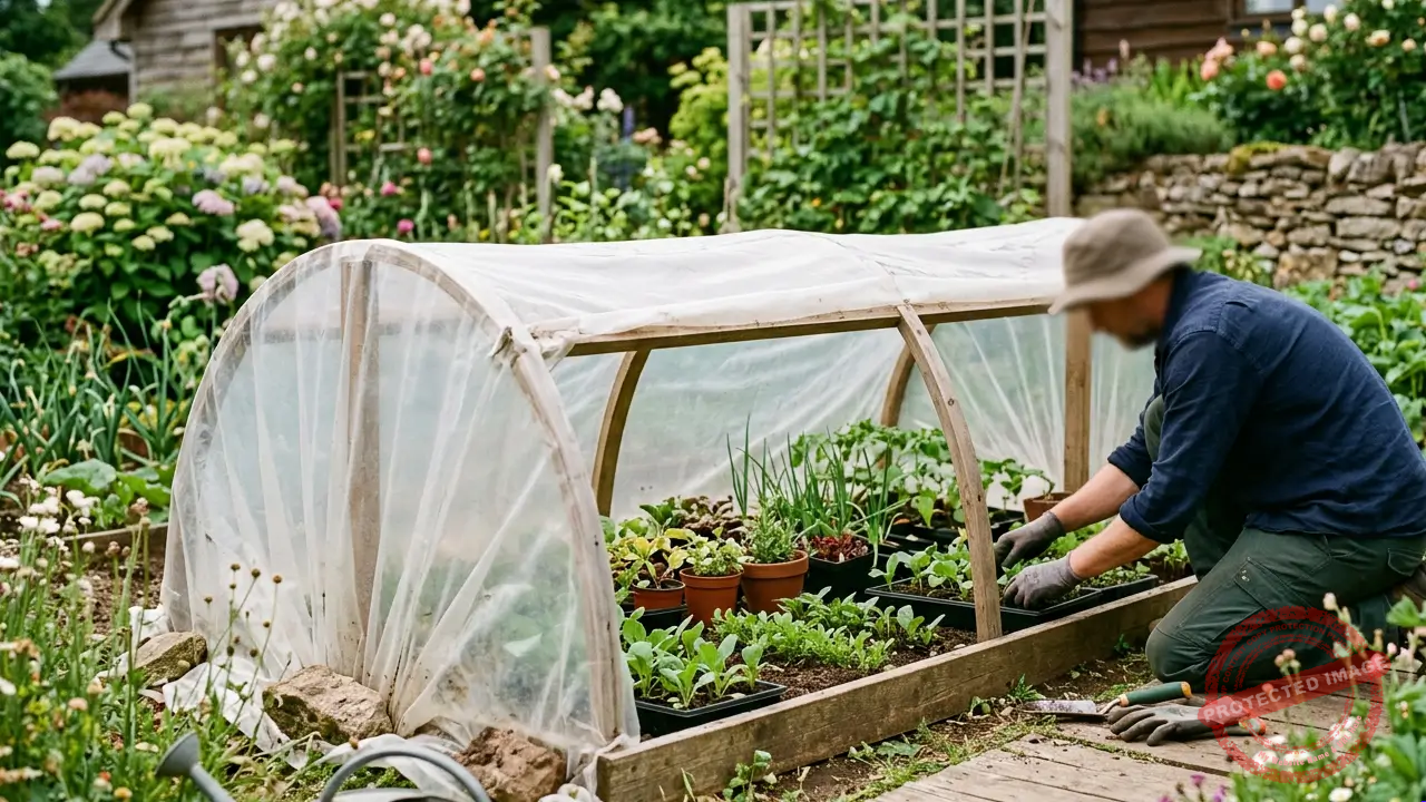 Filme agrícola transparente utilizado para proteger plantas em ambiente de cultivo.