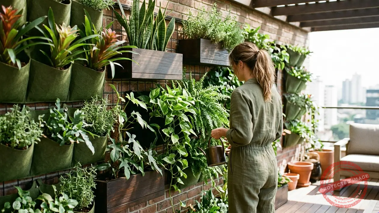 Jardim vertical com plantas ornamentais cultivadas em estrutura fixada na parede.