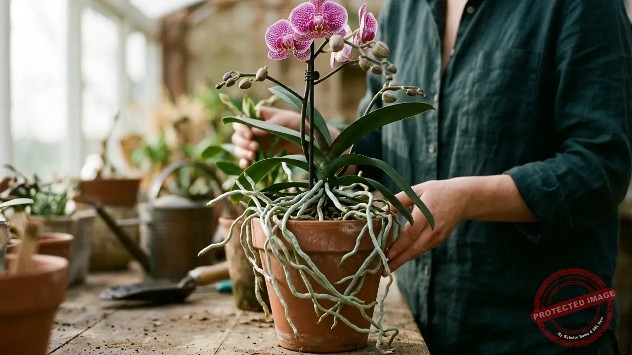 Orquídea exibindo raízes aéreas saudáveis durante o cultivo em jardim.