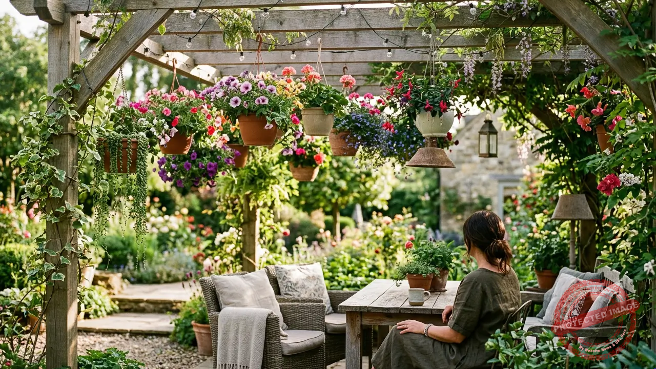 Vasos com flores e plantas ornamentais instalados em uma pérgola de jardim.